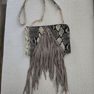 Beige and Black Snake Pattern Crossbody Bag with Fringe